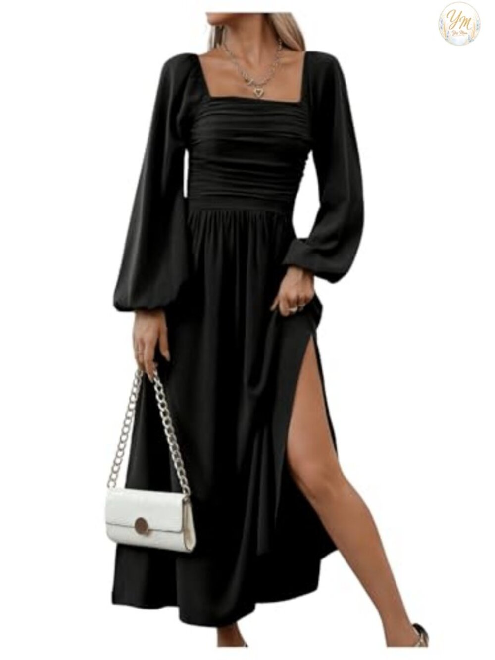 Square Neck Lantern Sleeve Midi Dress Ruched Split Bodycon